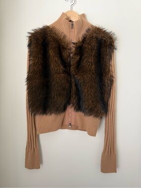 BDG Tori Faux Fur Trim Zip-Up Sweater Jacket Brown Large